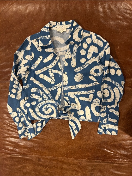 Haute Hippie Tops - Haute Hippie Blue & White Tie-Front Linen Blend Crop Top